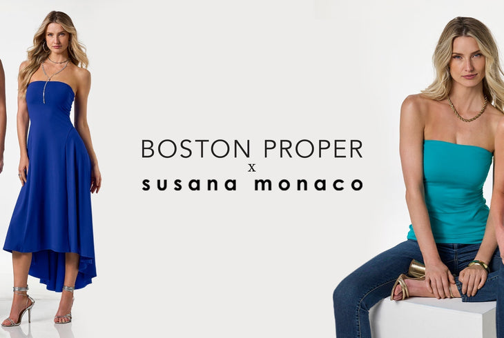 Models are wearing Boston Proper x Susana Monaco dresses and tops